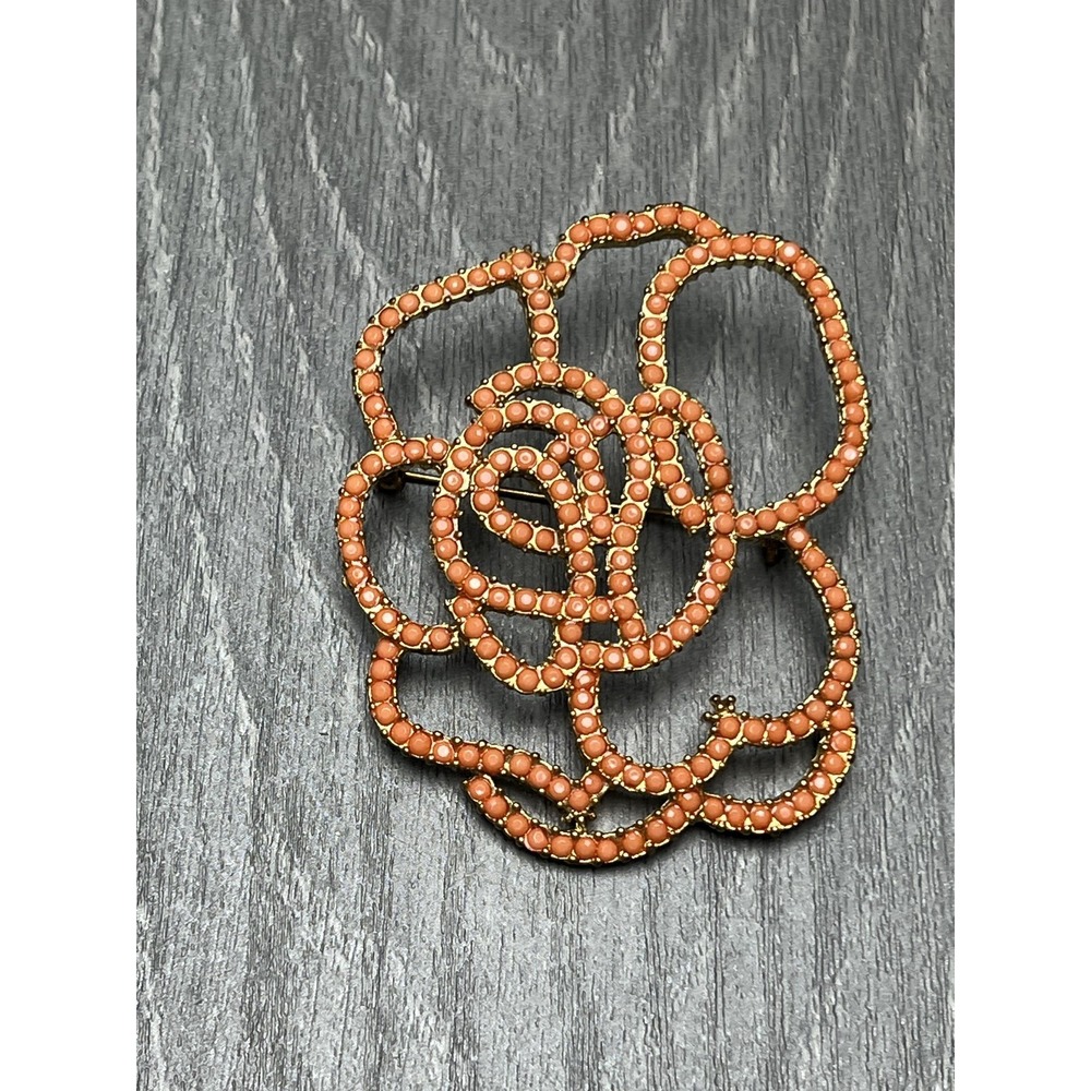 Vintage Coral Color Seed Bead Gold Tone Open Floral Brooch Pin